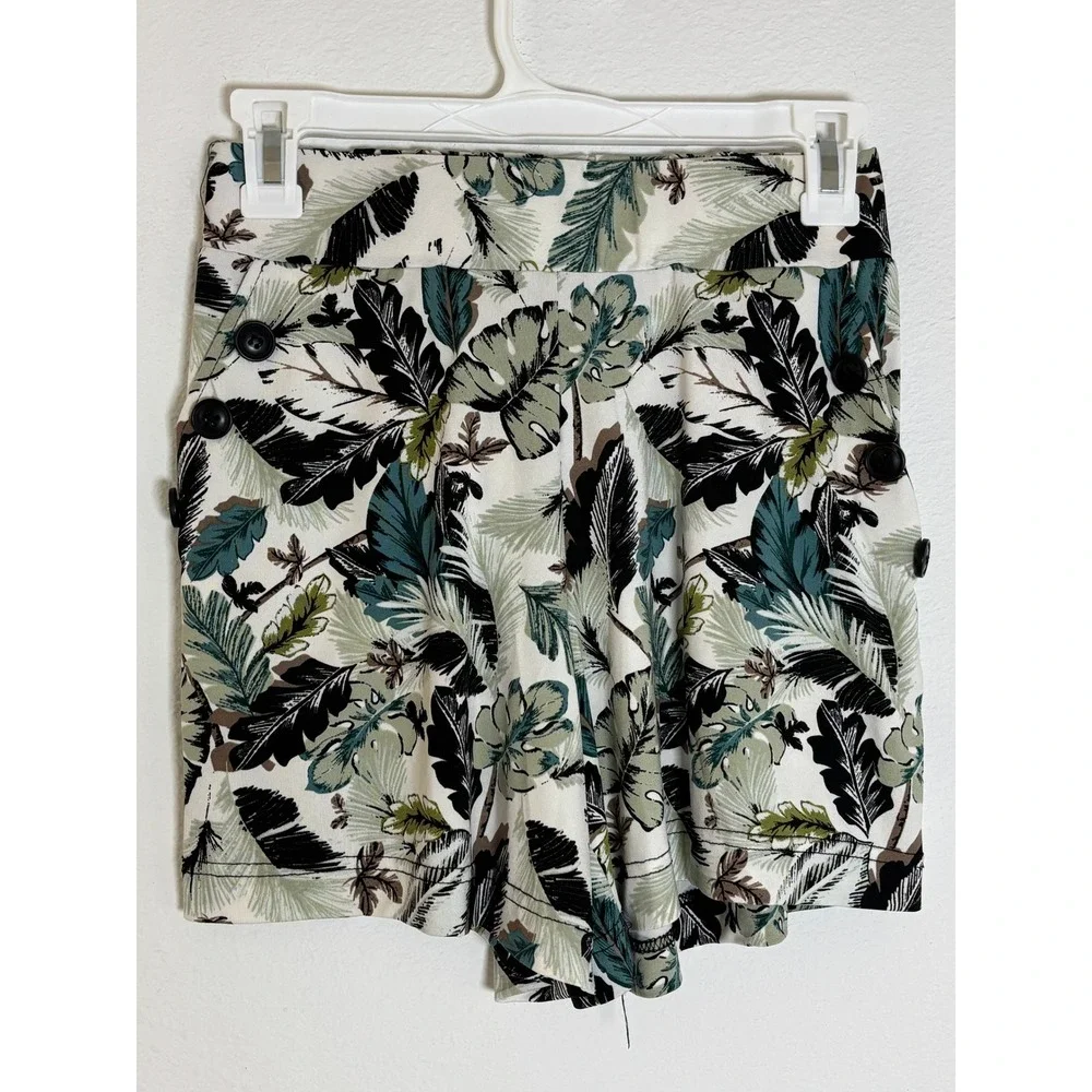 Robert Louis Tropical Leaf Print Shorts Green Teal Button Detail Small